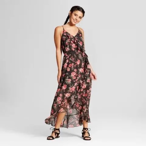 Xhilaration Black and Pink Floral High Low Dress - Picture 1 of 6